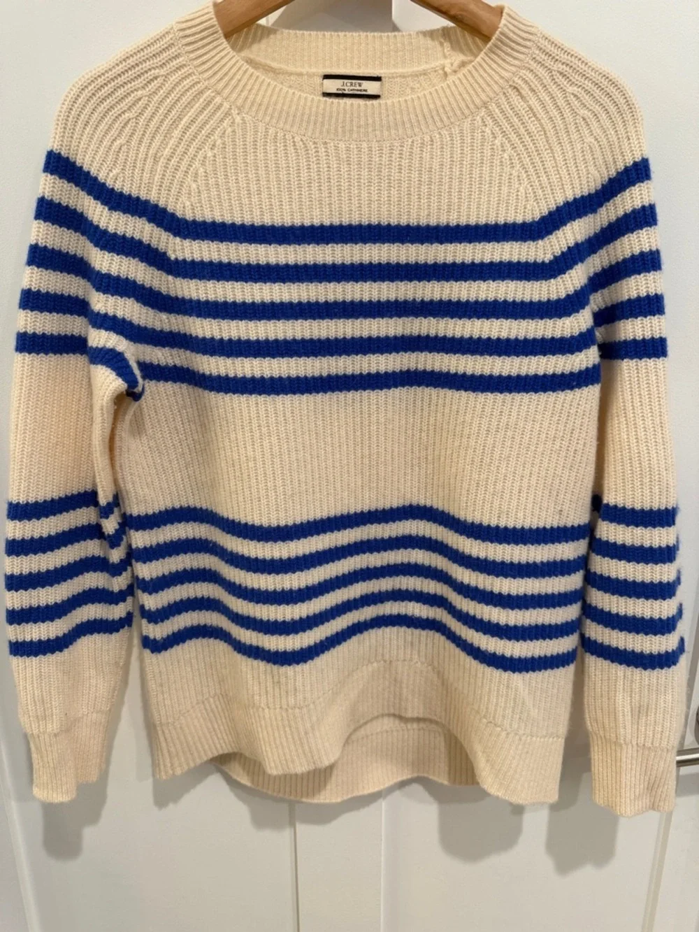 J. Crew Cream cashmere Crewneck Sweater with Blue Stripes